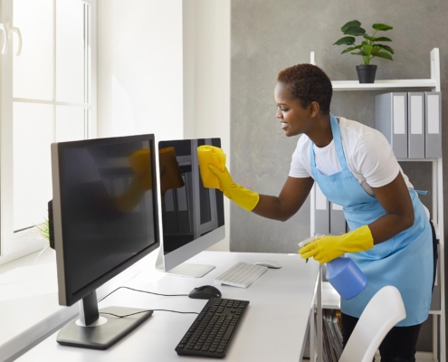Professional cleaner wiping down computer monitors in office