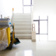 Back view of janitor cart in hallway