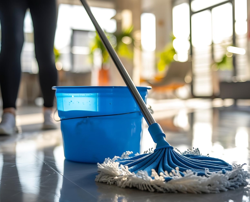 Worker mopping medical office